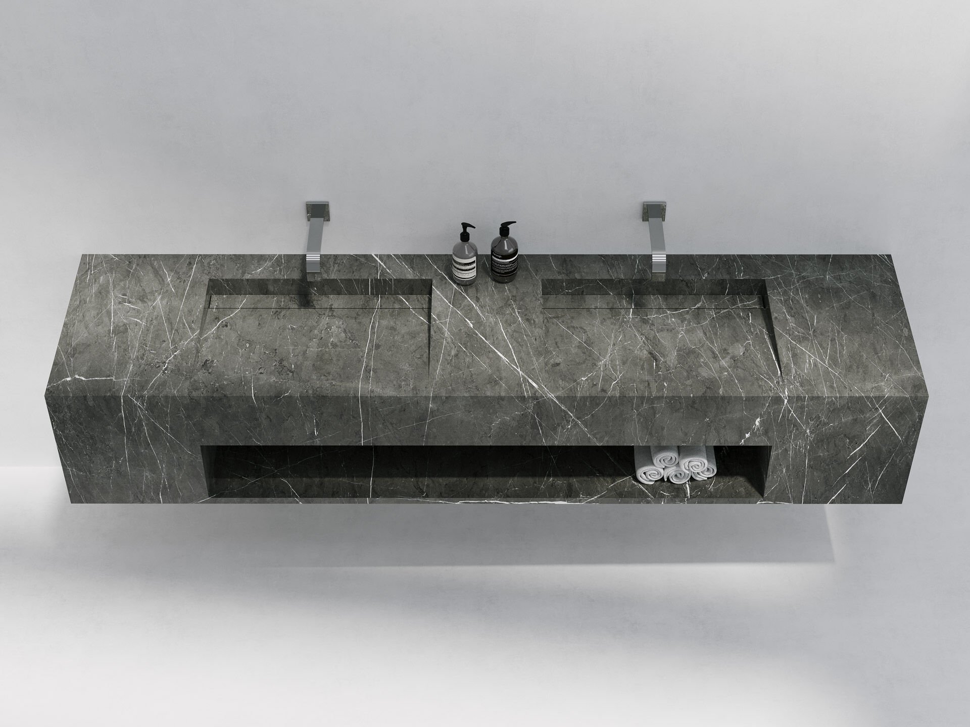 Özel Tasarım Gizli Giderli Pietra Grey Porselen Çift Evyeli Cepli Suni Mermer Lavabo