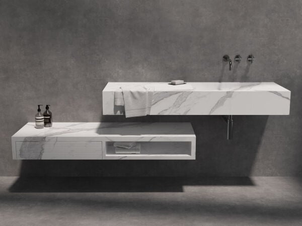 Özel Tasarım Gizli Giderli Calacatta Porselen Mobilya Kaplamalı Suni  Mermer Kendinden Giderli Lavabo