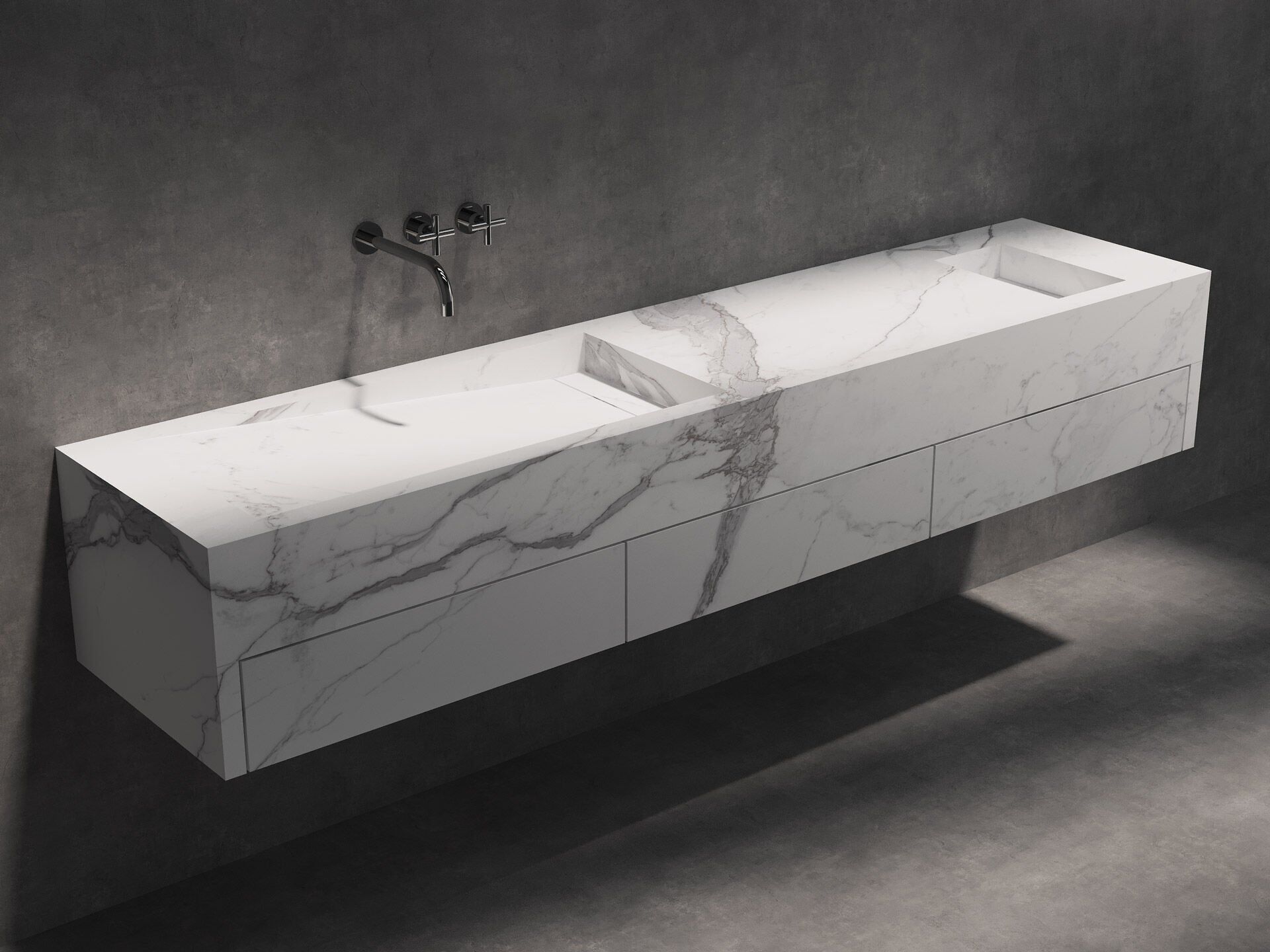 Özel Tasarım Gizli Giderli Calacatta Porselen Mobilya Kaplamalı Suni Mermer Kendinden Giderli Lavabo