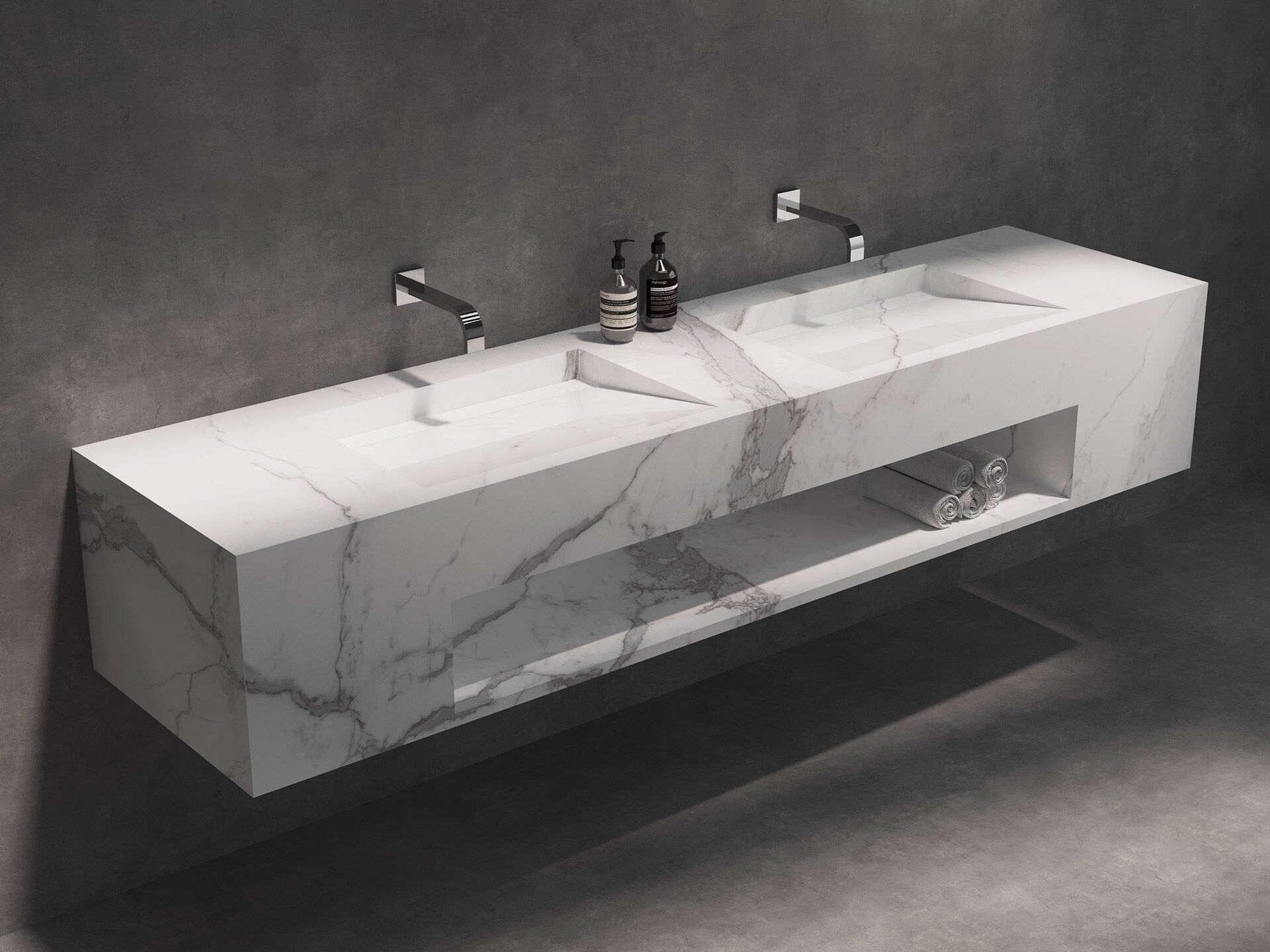 Özel Tasarım Gizli Giderli Calacatta Porselen Mobilya Kaplamalı Suni Mermer Kendinden Giderli Lavabo