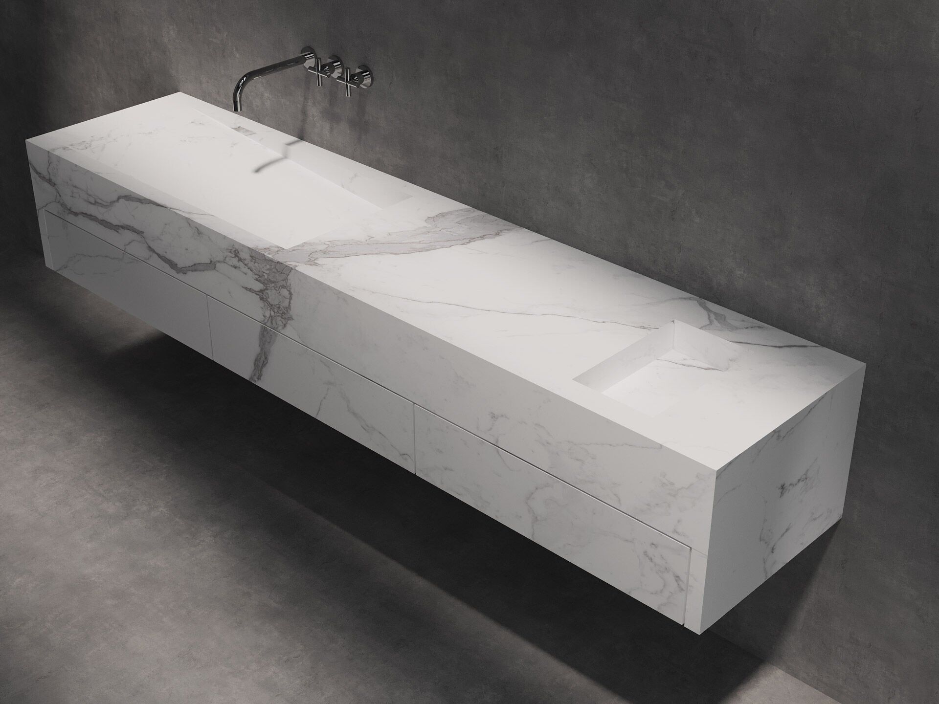 Özel Tasarım Gizli Giderli Calacatta Porselen Mobilya Kaplamalı Suni Mermer Kendinden Giderli Lavabo