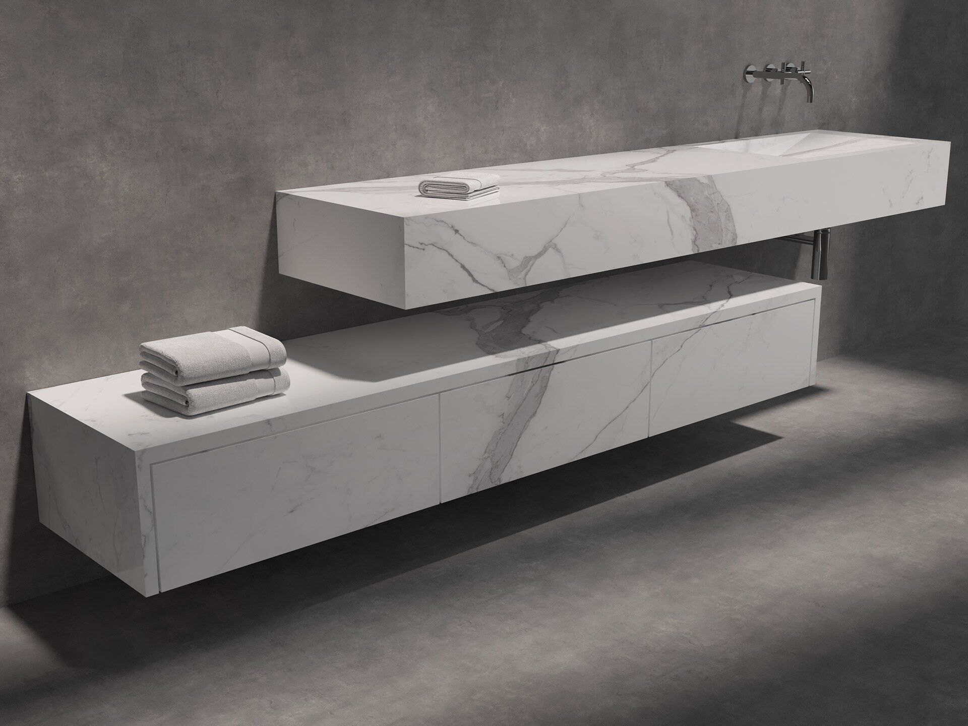 Özel Tasarım Gizli Giderli Calacatta Porselen Mobilya Kaplamalı Suni Mermer Kendinden Giderli Lavabo(Kopya)