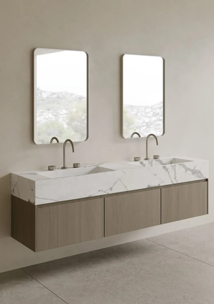 Özel Tasarım Gizli Giderli  Porselen Mobilya Kaplamalı Mobilya Aynalı Ayaklı Suni Mermer Kendinden Giderli Lavabo