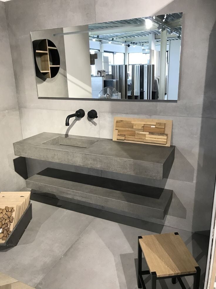 Özel Tasarım Gizli Giderli Porselen Mobilya Kaplamalı Mobilya Aynalı Ayaklı Suni Mermer Kendinden Giderli Raflı Lavabo