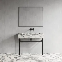Özel Tasarım Gizli Giderli Porselen Mobilya Kaplamalı Metal Ayaklı Suni Mermer Kendinden Giderli Lavabo