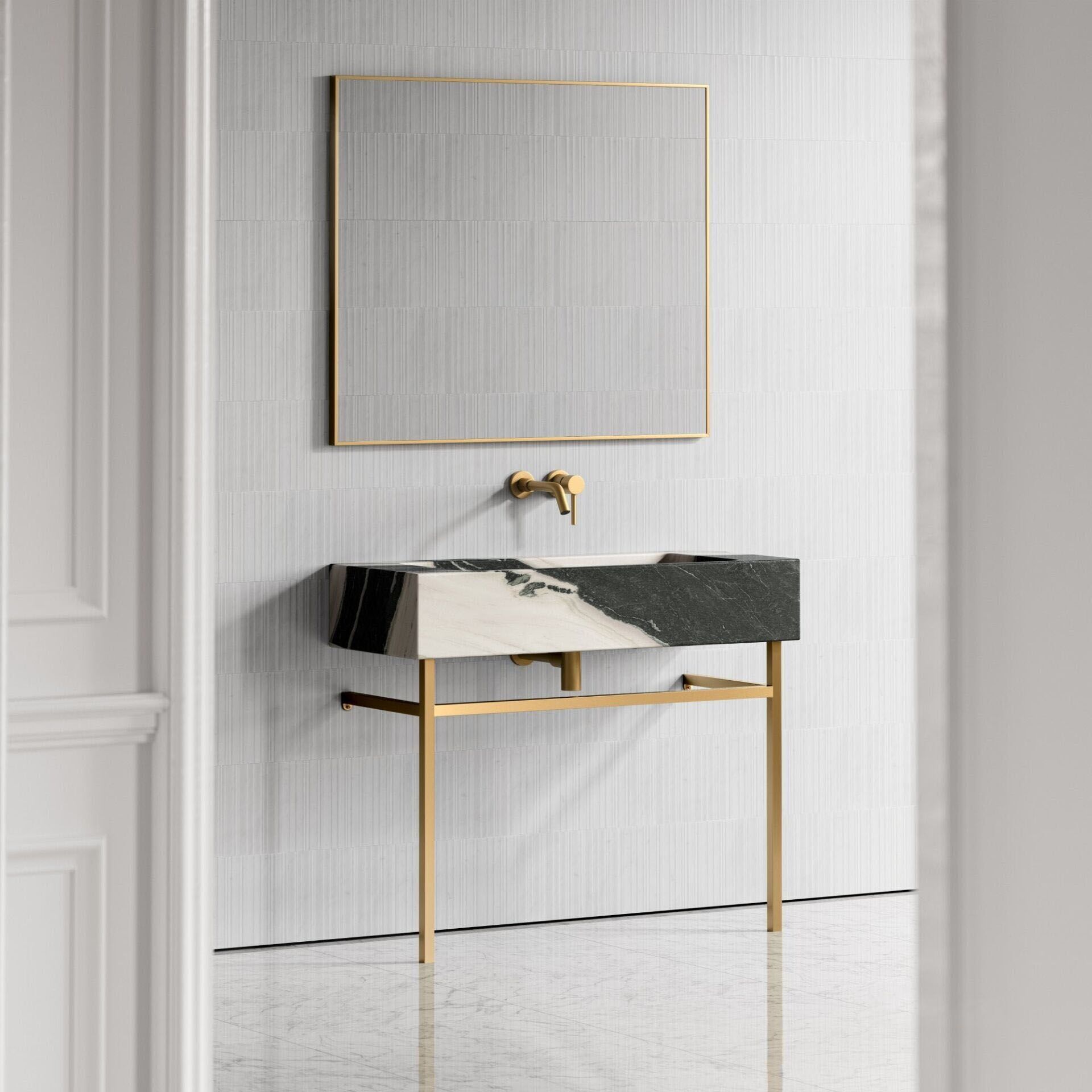 Özel Tasarım Gizli Giderli Porselen Mobilya Kaplamalı Metal Ayaklı Suni Mermer Kendinden Giderli Lavabo