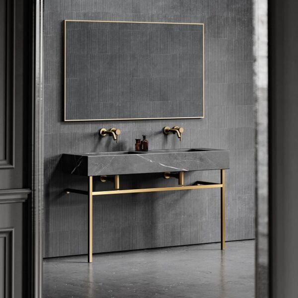 Özel Tasarım Gizli Giderli Porselen Mobilya Kaplamalı Metal Ayaklı Suni Mermer Kendinden Giderli Lavabo