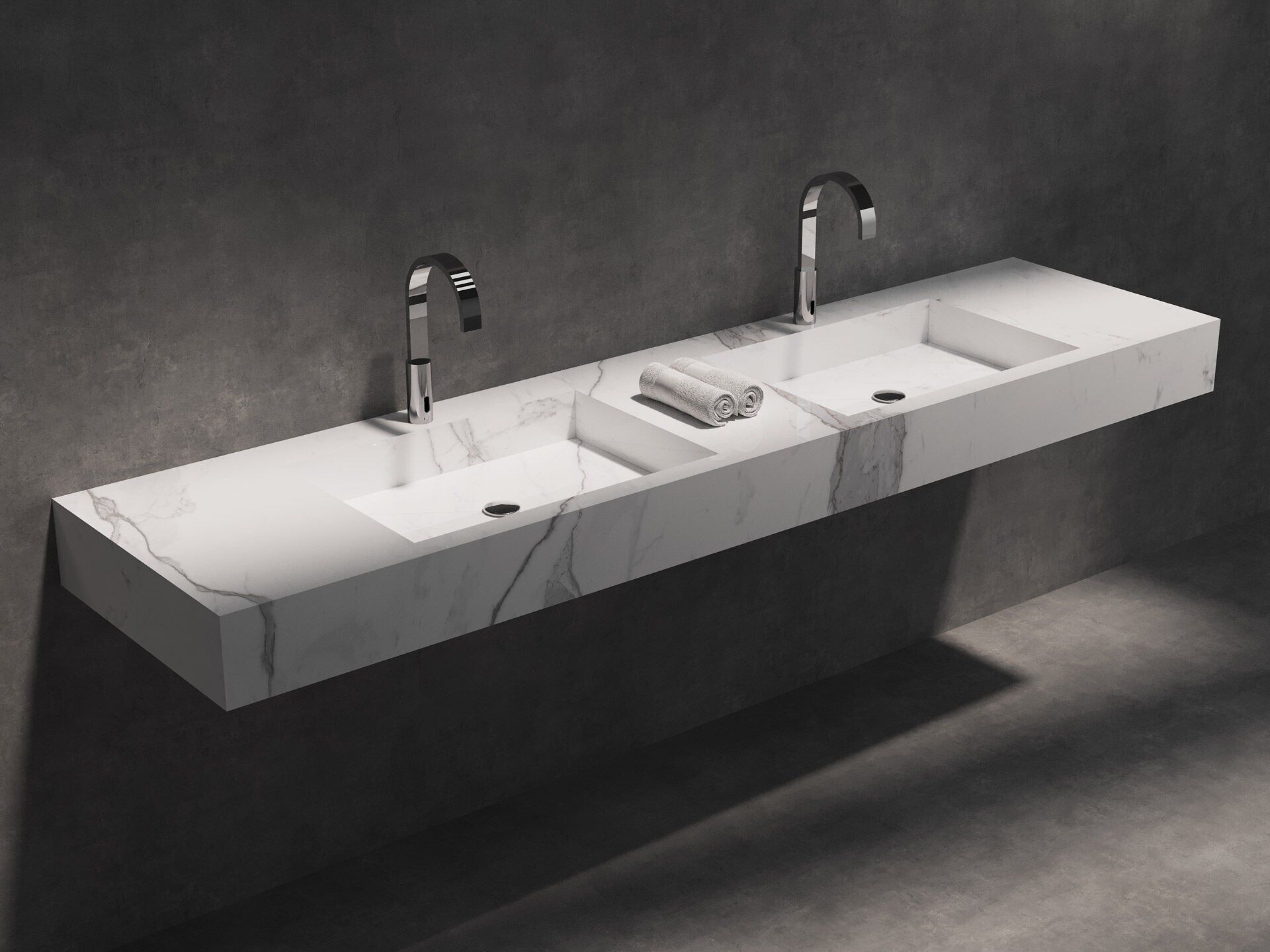 Özel Tasarım Gizli Giderli Calacatta Porselen Mobilya Kaplamalı Suni Mermer Kendinden Giderli Lavabo