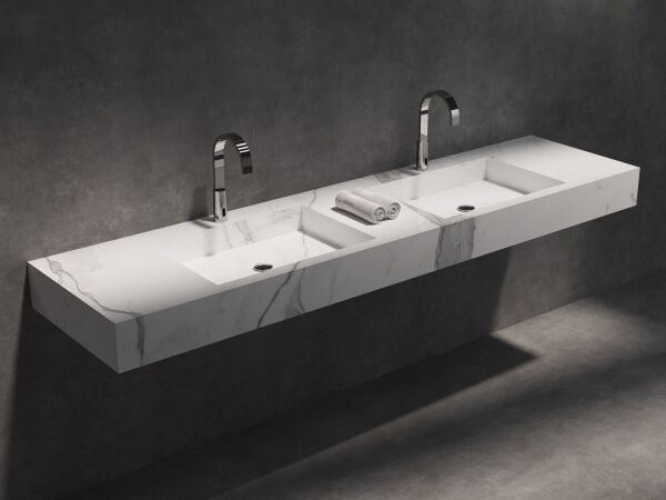 Özel Tasarım Gizli Giderli Calacatta Porselen Mobilya Kaplamalı Suni Mermer Kendinden Giderli Lavabo