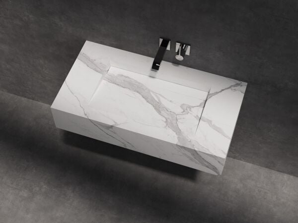 Özel Tasarım Gizli Giderli Calacatta Porselen Mobilya Kaplamalı Suni Mermer Kendinden Giderli Lavabo