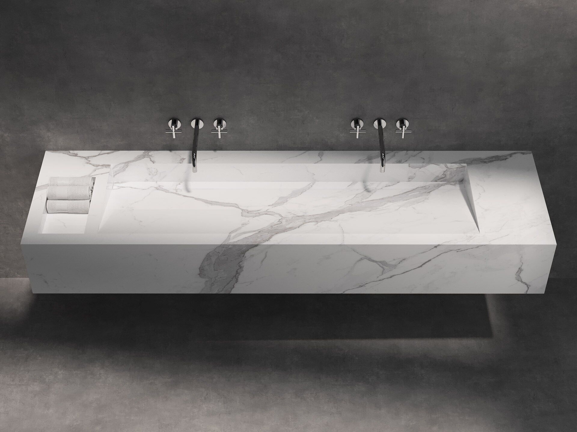 Özel Tasarım Gizli Giderli Calacatta Porselen Mobilya Kaplamalı Suni Mermer Kendinden Giderli Lavabo