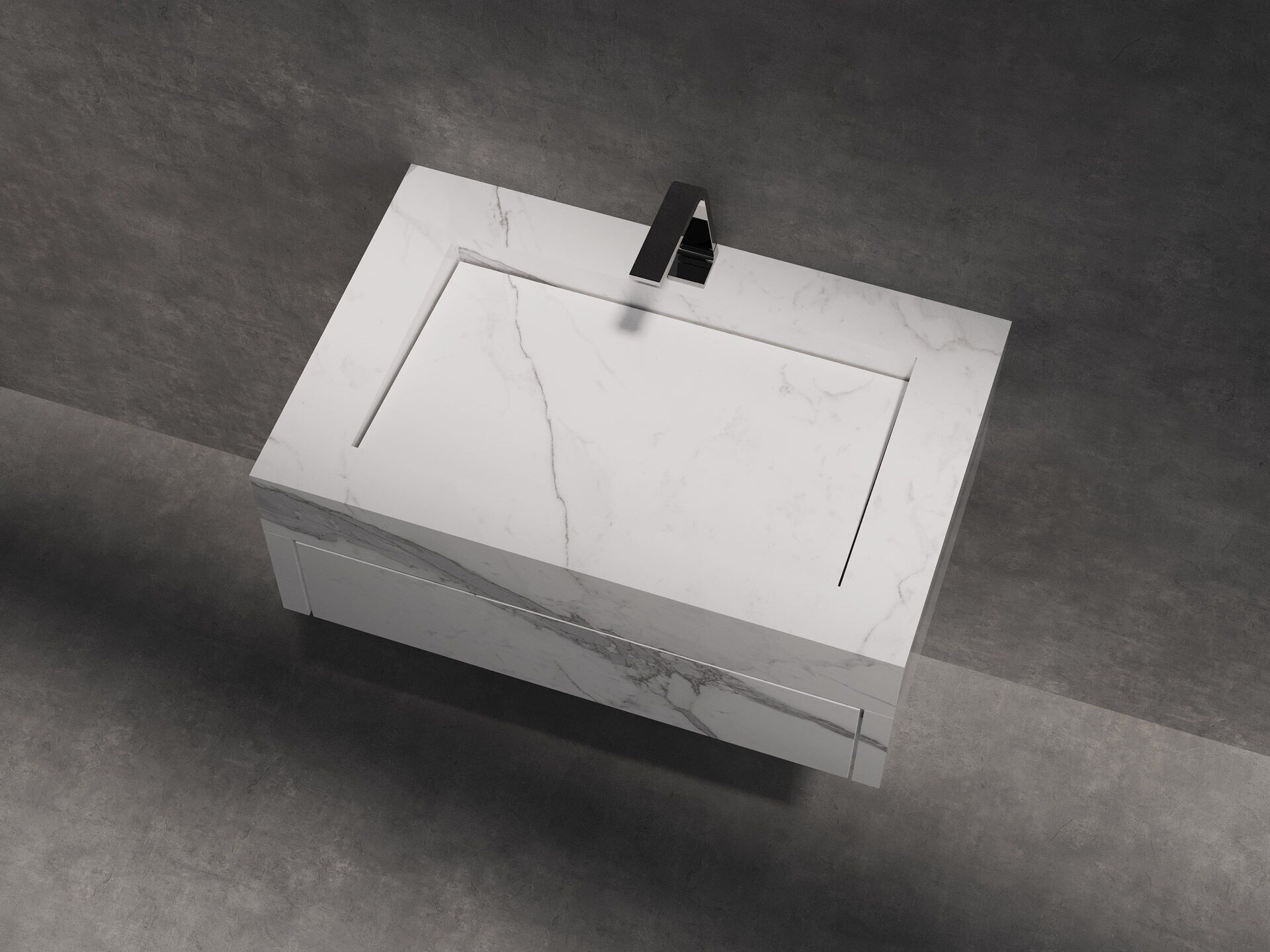 Özel Tasarım Gizli Giderli Calacatta Porselen Mobilya Kaplamalı Suni Mermer Kendinden Giderli Lavabo