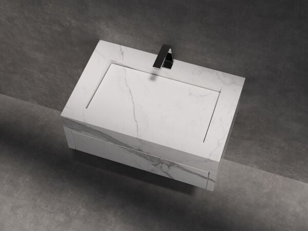 Özel Tasarım Gizli Giderli Calacatta Porselen Mobilya Kaplamalı Suni Mermer Kendinden Giderli Lavabo