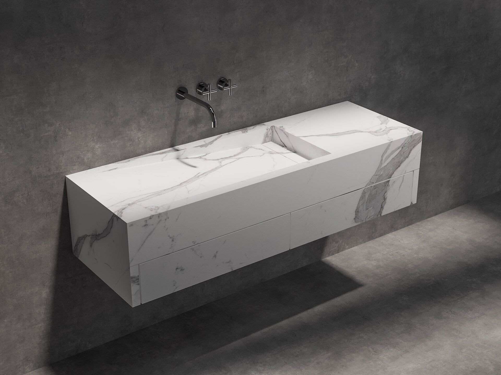 Özel Tasarım Gizli Giderli Calacatta Porselen Mobilya Kaplamalı Suni Mermer Kendinden Giderli Lavabo