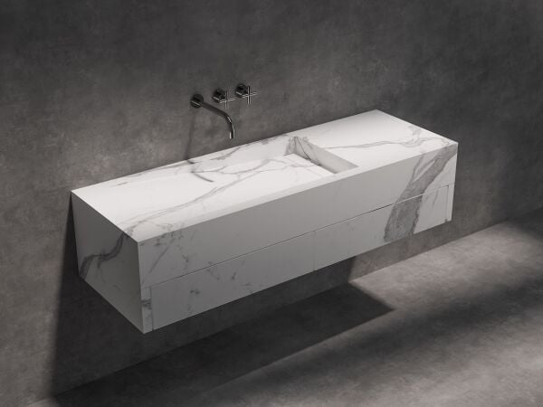 Özel Tasarım Gizli Giderli Calacatta Porselen Mobilya Kaplamalı Suni Mermer Kendinden Giderli Lavabo
