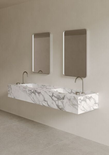 Özel Tasarım Gizli Giderli Porselen Mobilya Kaplamalı Mobilya Aynalı Ayaklı Suni Mermer Kendinden Giderli Raflı Lavabo