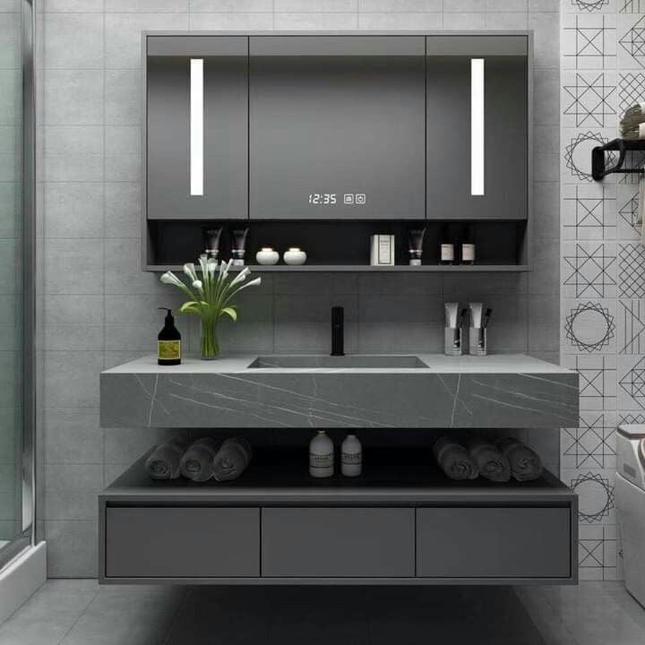 Özel Tasarım Gizli Giderli Porselen Mobilya Kaplamalı Mobilya Aynalı Ayaklı Suni Mermer Kendinden Giderli Raflı Lavabo