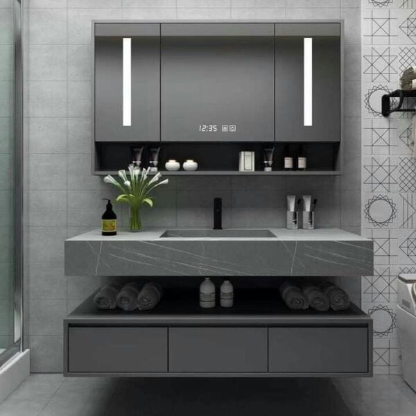 Özel Tasarım Gizli Giderli Porselen Mobilya Kaplamalı Mobilya Aynalı Ayaklı Suni Mermer Kendinden Giderli Raflı Lavabo