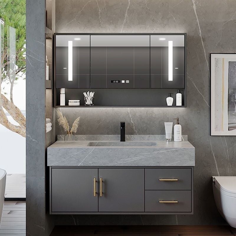 Özel Tasarım Gizli Giderli Porselen Mobilya Kaplamalı Mobilya Aynalı Ayaklı Suni Mermer Kendinden Giderli Raflı Lavabo