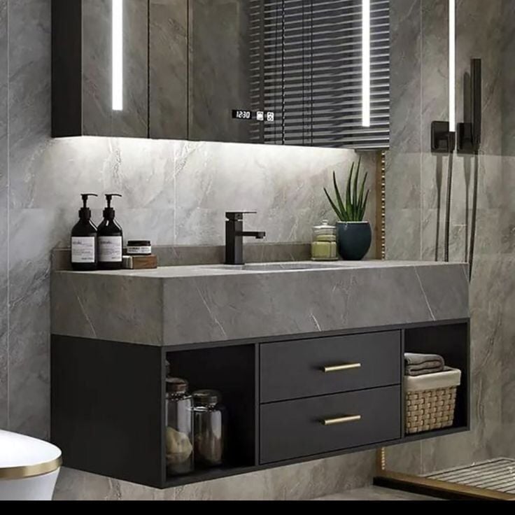 Özel Tasarım Gizli Giderli Porselen Mobilya Kaplamalı Mobilya Aynalı Ayaklı Suni Mermer Kendinden Giderli Raflı Lavabo