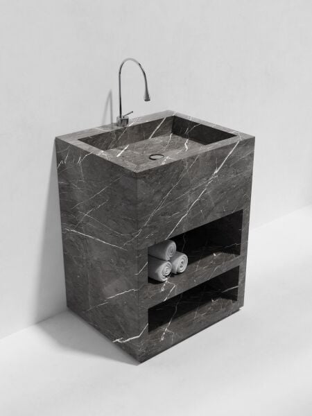 Özel Tasarım Gizli Giderli Porselen Mobilya Kaplamalı Mobilya Aynalı Ayaklı Suni Mermer Kendinden Giderli Monoblok Lavabo