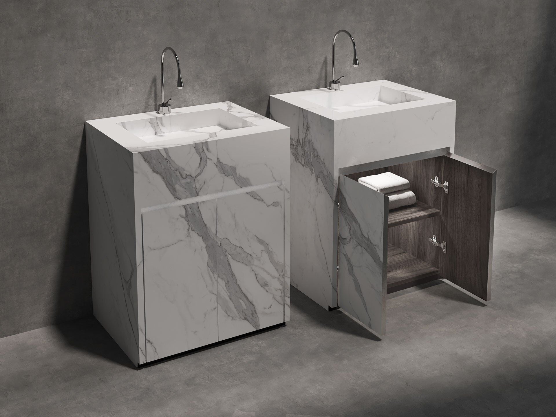 Özel Tasarım Gizli Giderli Porselen Mobilya Kaplamalı Mobilya Aynalı Ayaklı Suni Mermer Kendinden Giderli Monoblok Lavabo