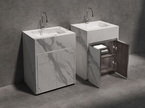Özel Tasarım Gizli Giderli Porselen Mobilya Kaplamalı Mobilya Aynalı Ayaklı Suni Mermer Kendinden Giderli Monoblok Lavabo