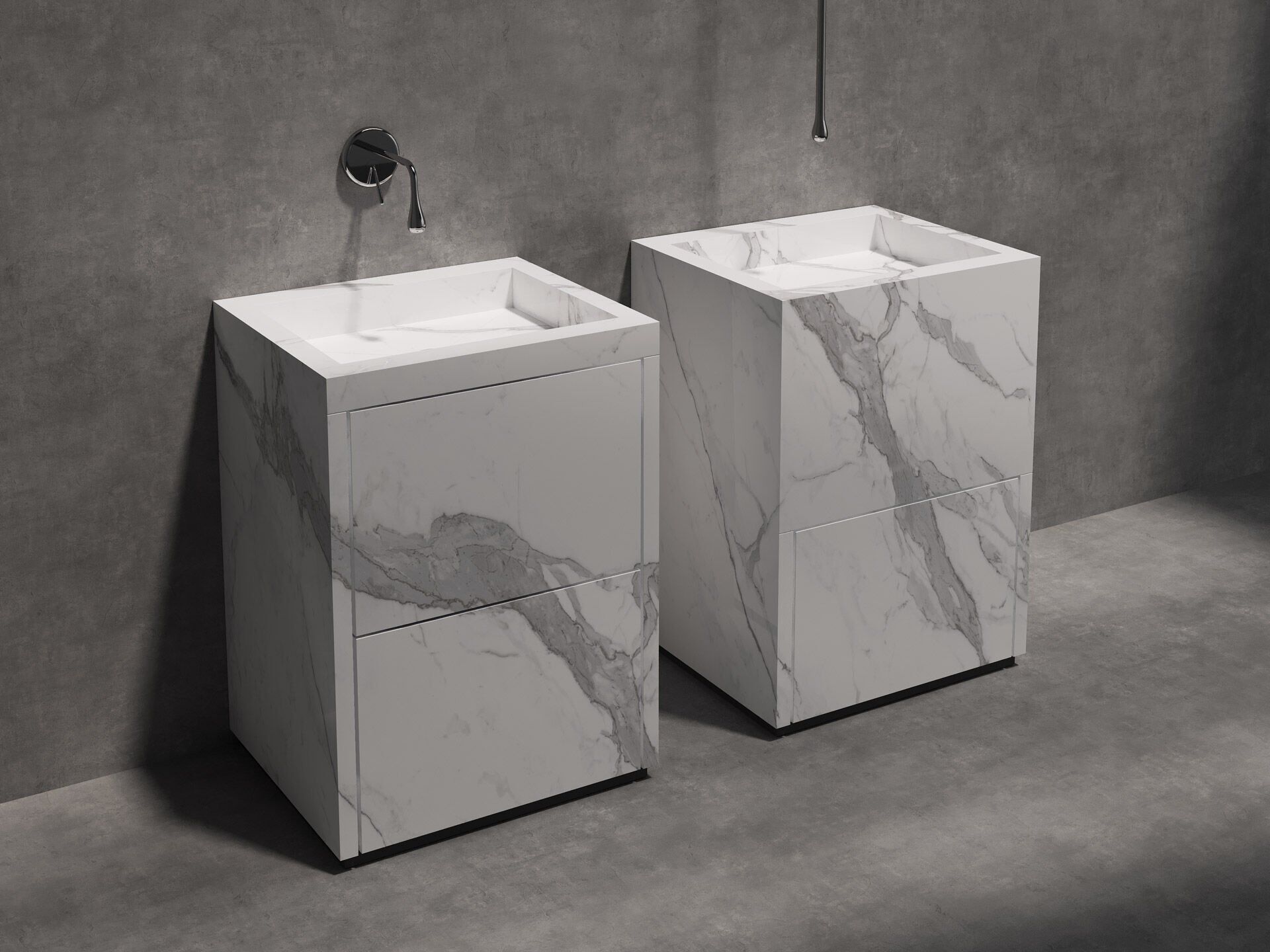 Özel Tasarım Gizli Giderli Porselen Mobilya Kaplamalı Mobilya Aynalı Ayaklı Suni Mermer Kendinden Giderli Monoblok Lavabo